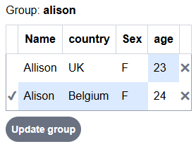 Group 'Allison'—two duplicate records side by side with differences highlighted and a tick next to one record.
