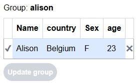 Group 'Allison'—single remaining record after deduplication with a disabled 'Update Group' button.