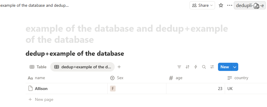 Deduplicated database containing a single record.