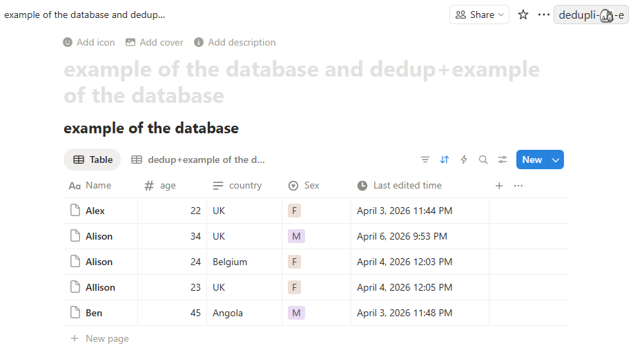 Example Notion database with duplicate records and an 'Update Group' button.