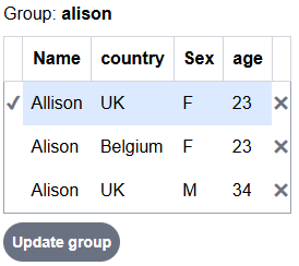 Group 'Allison'—table showing duplicate records with one record selected and an 'Update Group' button below