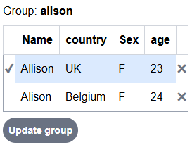 Group 'Allison'—two duplicate records side by side with differences highlighted and a tick next to one record.
